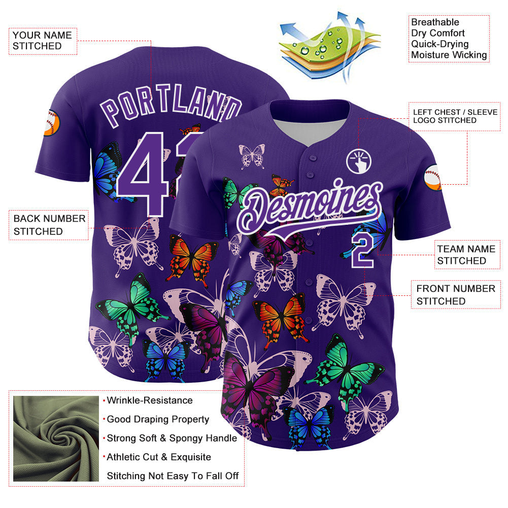 Custom Purple White 3D Pattern Design Animal Butterfly Authentic Baseball Jersey view 3