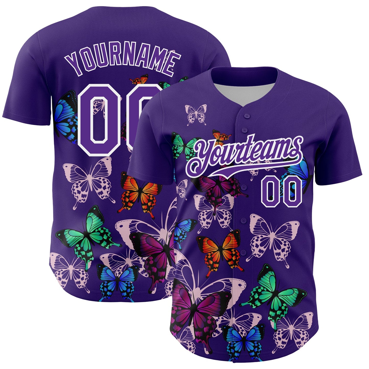Custom Purple White 3D Pattern Design Animal Butterfly Authentic Baseball Jersey - Main View
