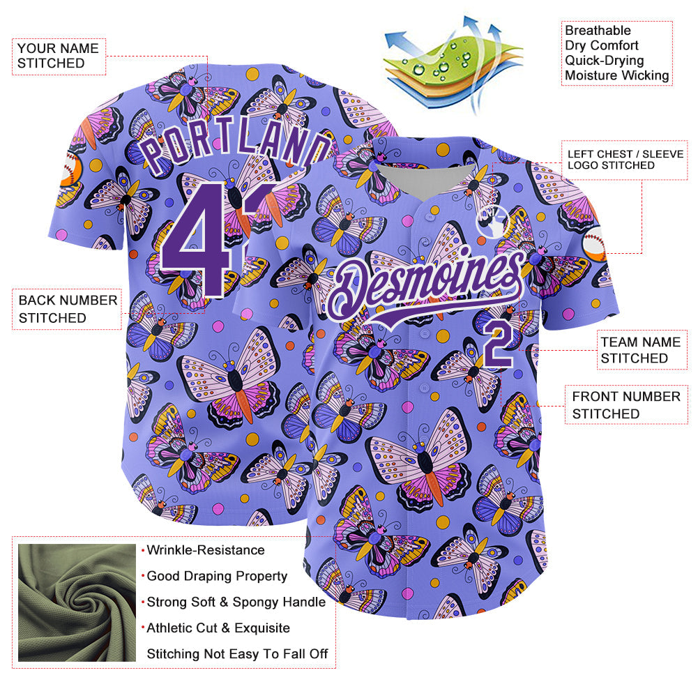 Custom Medium Purple Purple-White 3D Pattern Design Animal Butterfly Authentic Baseball Jersey view 3