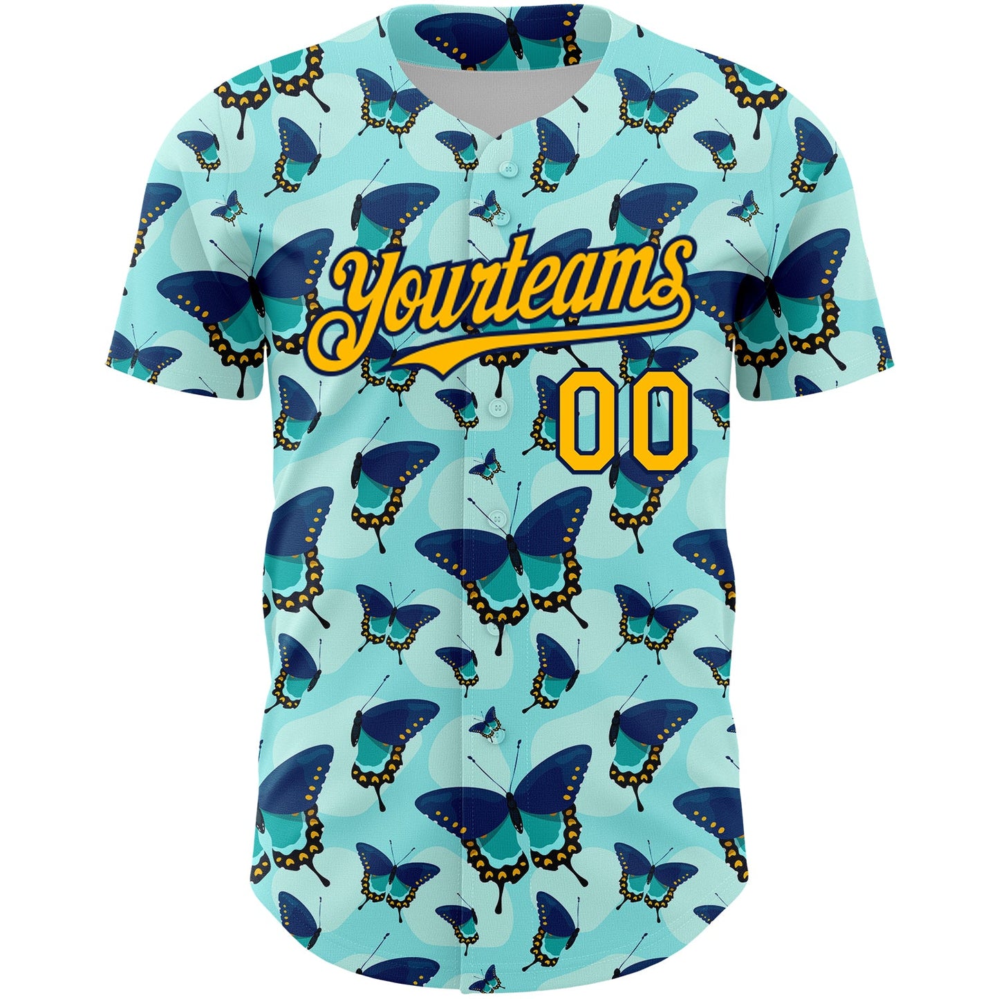 Custom Ice Blue Gold-Navy 3D Pattern Design Animal Butterfly Authentic Baseball Jersey view 2