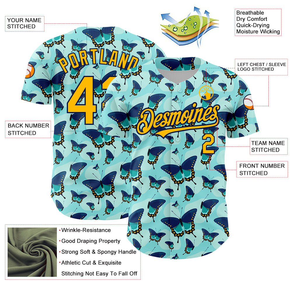 Custom Ice Blue Gold-Navy 3D Pattern Design Animal Butterfly Authentic Baseball Jersey view 3
