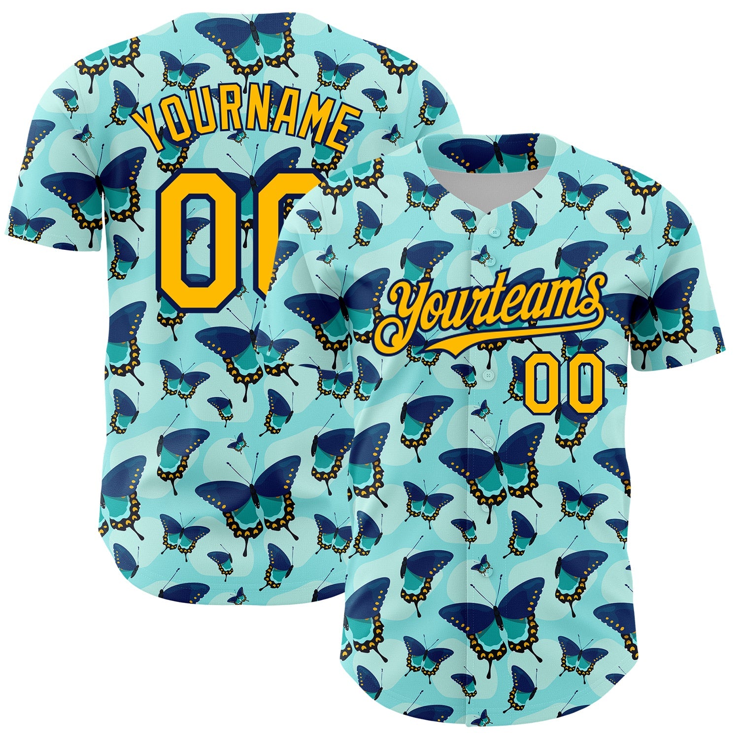 Custom Ice Blue Gold-Navy 3D Pattern Design Animal Butterfly Authentic Baseball Jersey - Main View