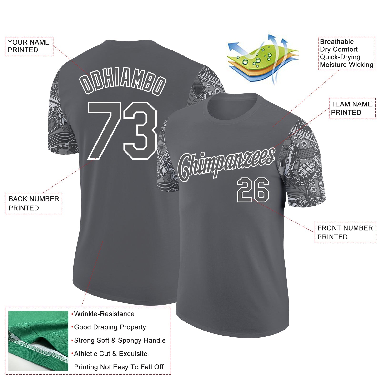 Custom Steel Gray White 3D Pattern Design Vintage Military Weapon Performance T-Shirt view 2