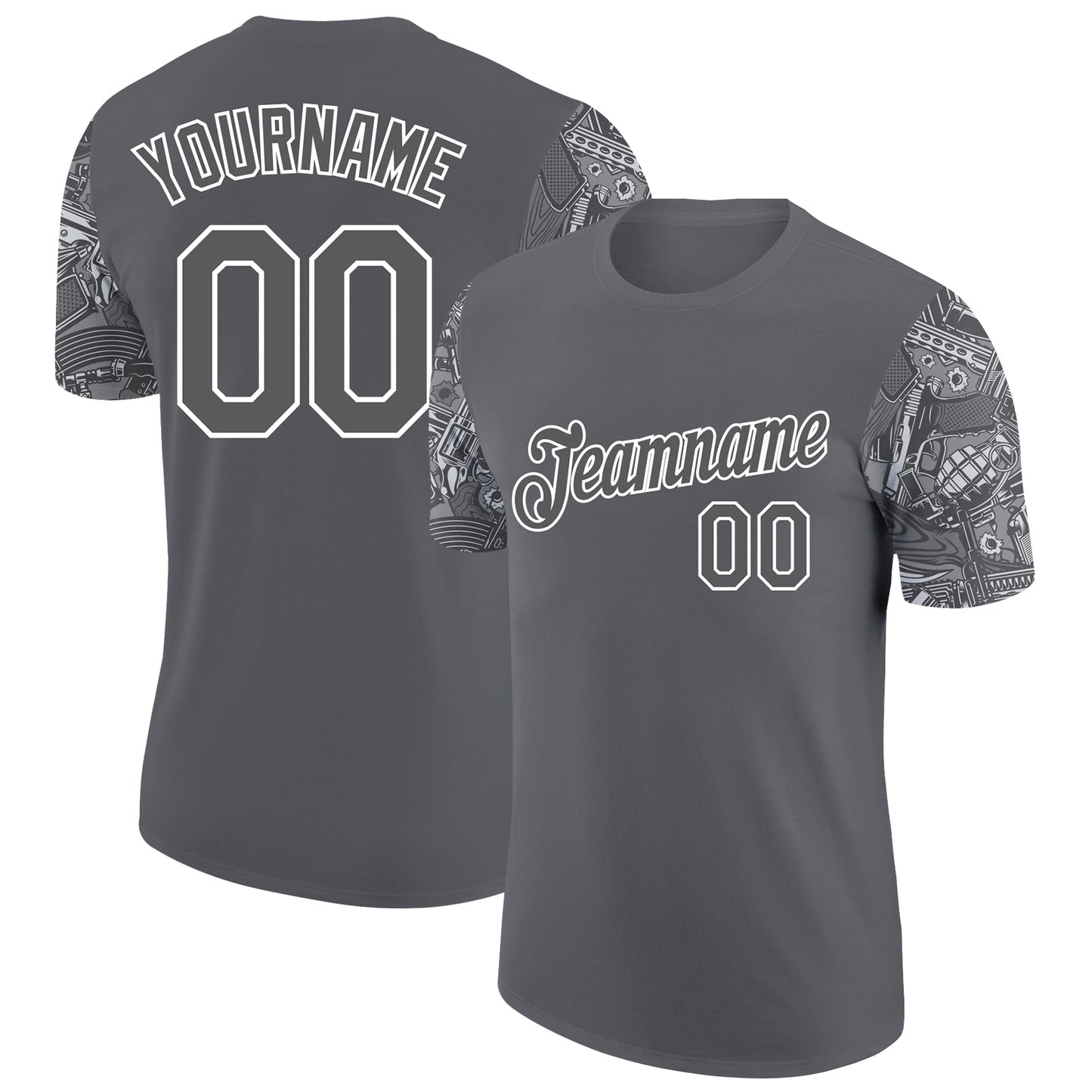 Custom Steel Gray White 3D Pattern Design Vintage Military Weapon Performance T-Shirt - Main View