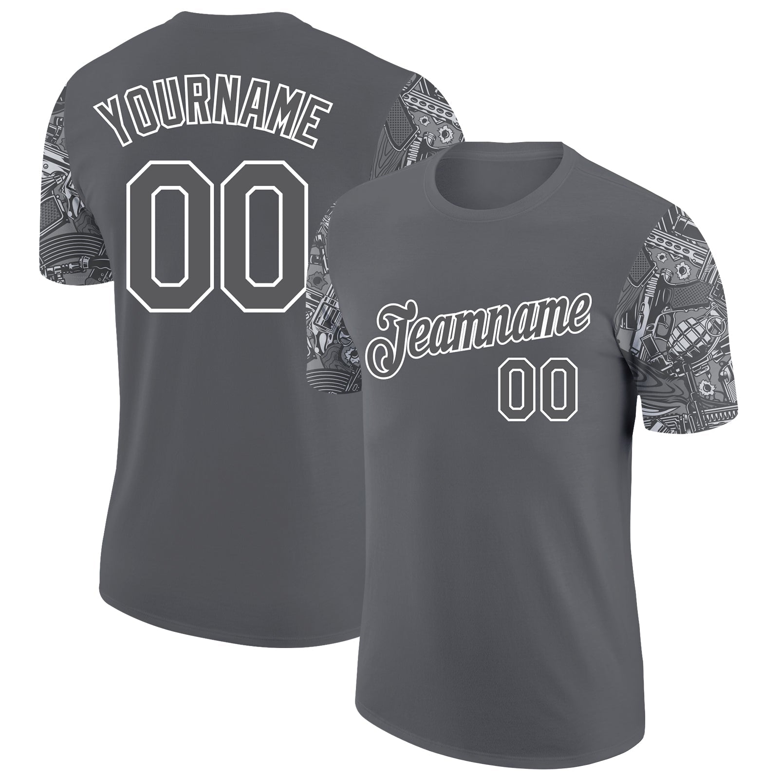 Custom Steel Gray White 3D Pattern Design Vintage Military Weapon Performance T-Shirt - Main View