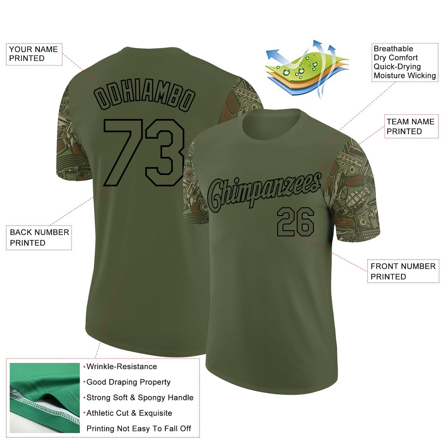 Custom Olive Black 3D Pattern Design Vintage Military Weapon Performance Salute To Service T-Shirt view 2
