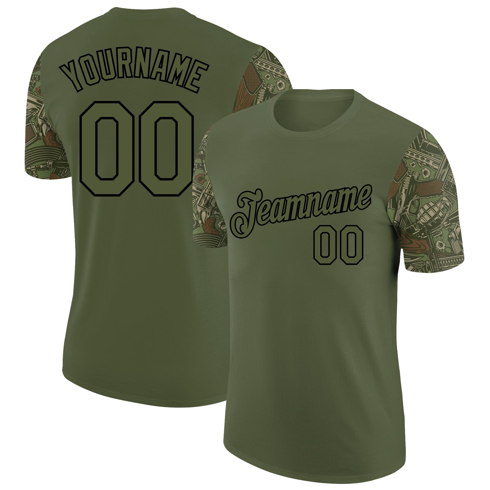 Custom Olive Black 3D Pattern Design Vintage Military Weapon Performance Salute To Service T-Shirt - Main View