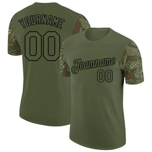Custom Olive Black 3D Pattern Design Vintage Military Weapon Performance Salute To Service T-Shirt - Main View