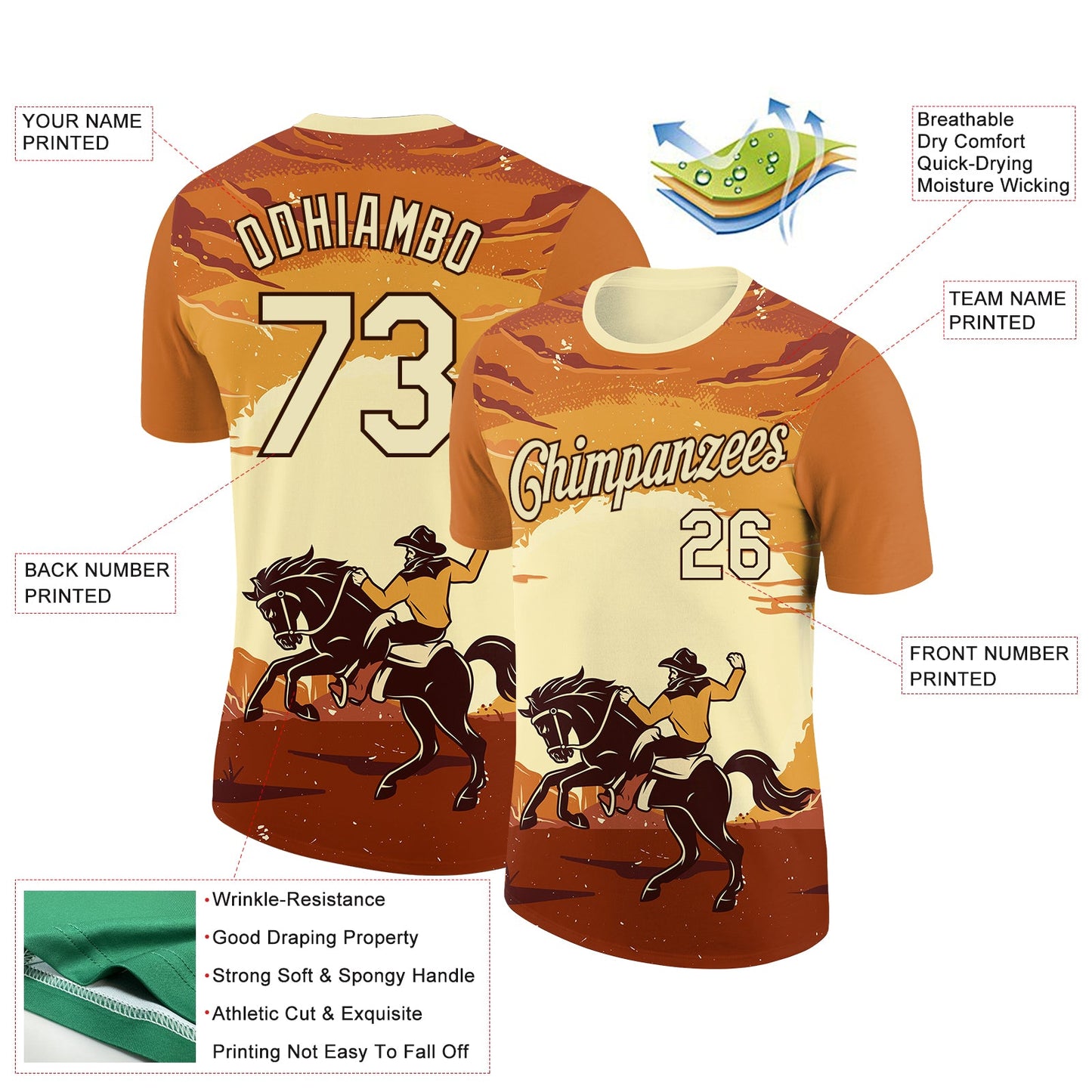 Custom Orange City Cream-Brown 3D Pattern Design Cowboy Rodeo Performance T-Shirt view 2