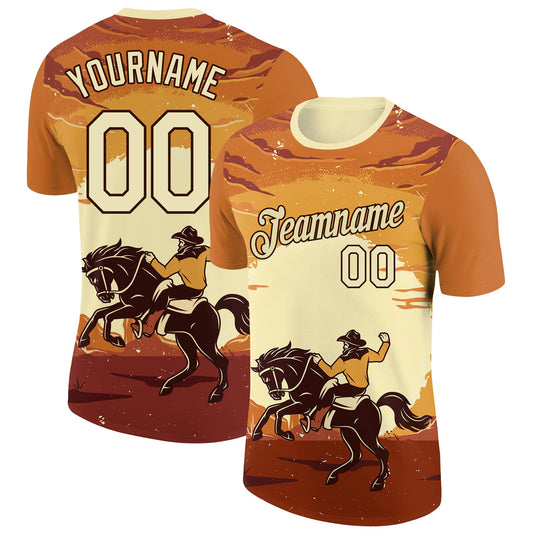 Custom Orange City Cream-Brown 3D Pattern Design Cowboy Rodeo Performance T-Shirt - Main View