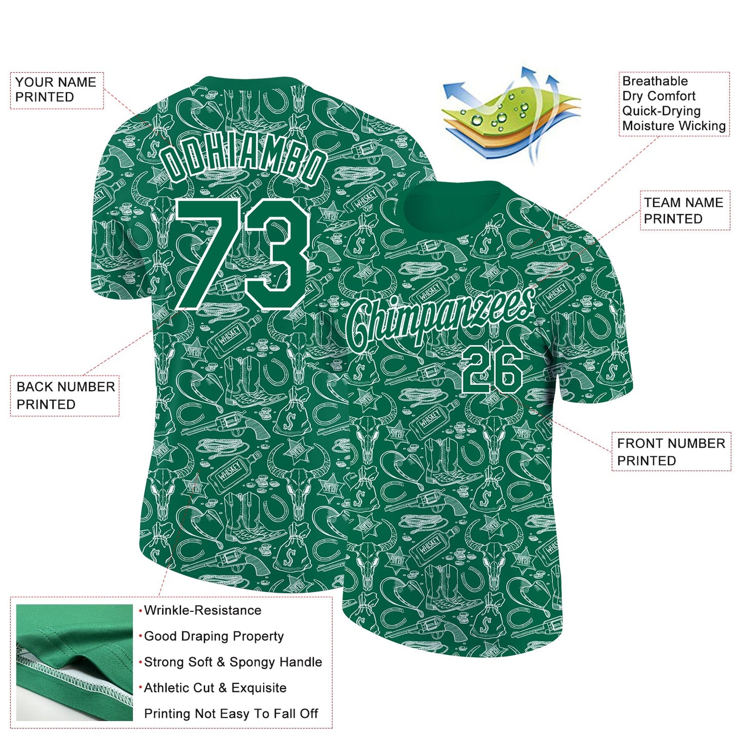 Custom Kelly Green White 3D Pattern Design Cowboy Accessory Performance T-Shirt view 2