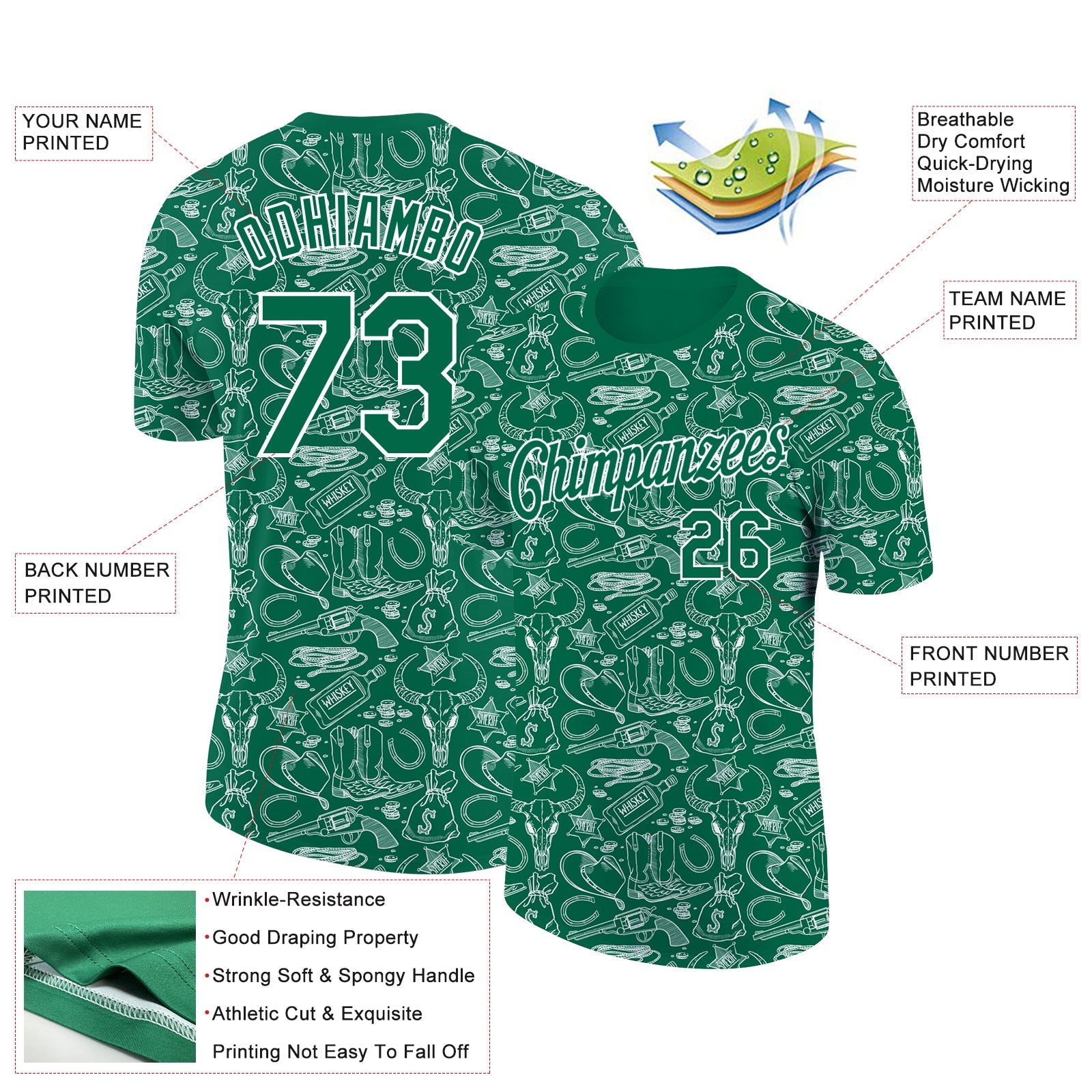Custom Kelly Green White 3D Pattern Design Cowboy Accessory Performance T-Shirt view 2