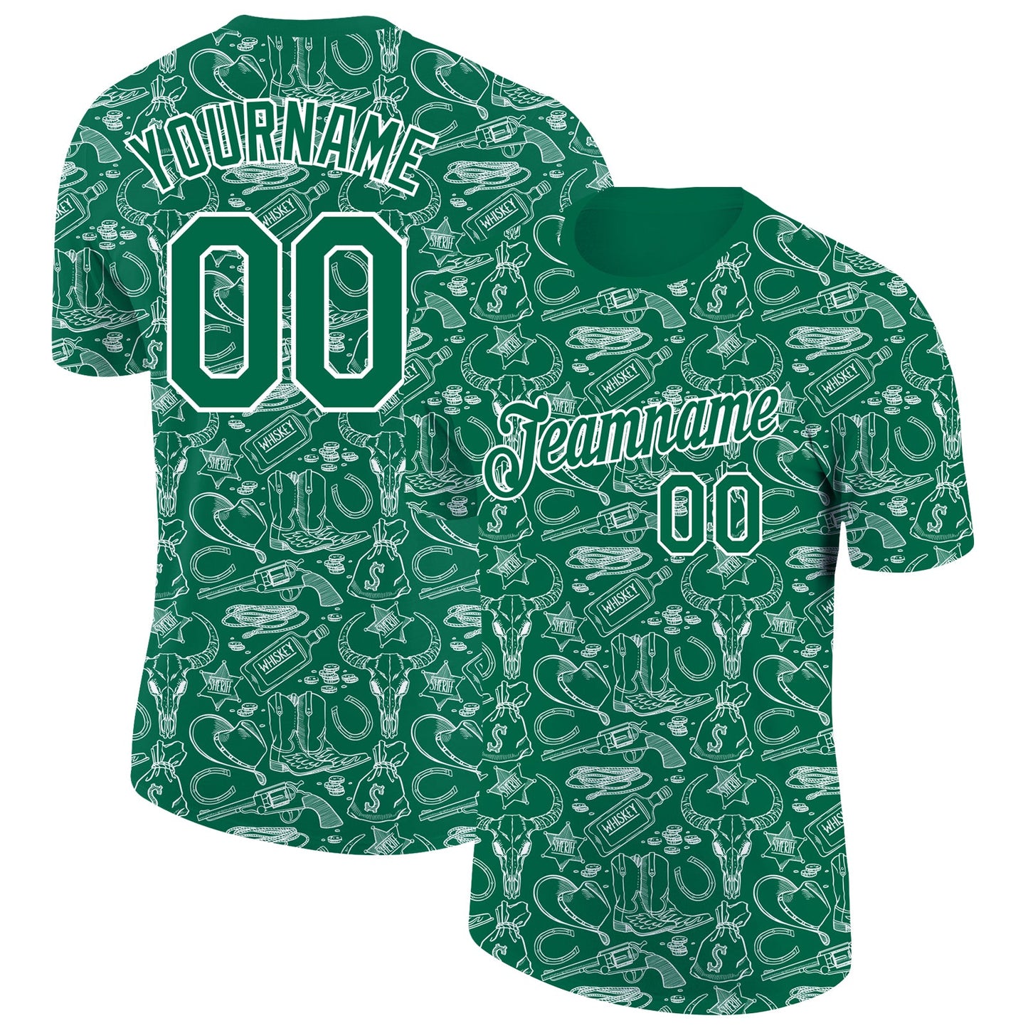 Custom Kelly Green White 3D Pattern Design Cowboy Accessory Performance T-Shirt - Main View
