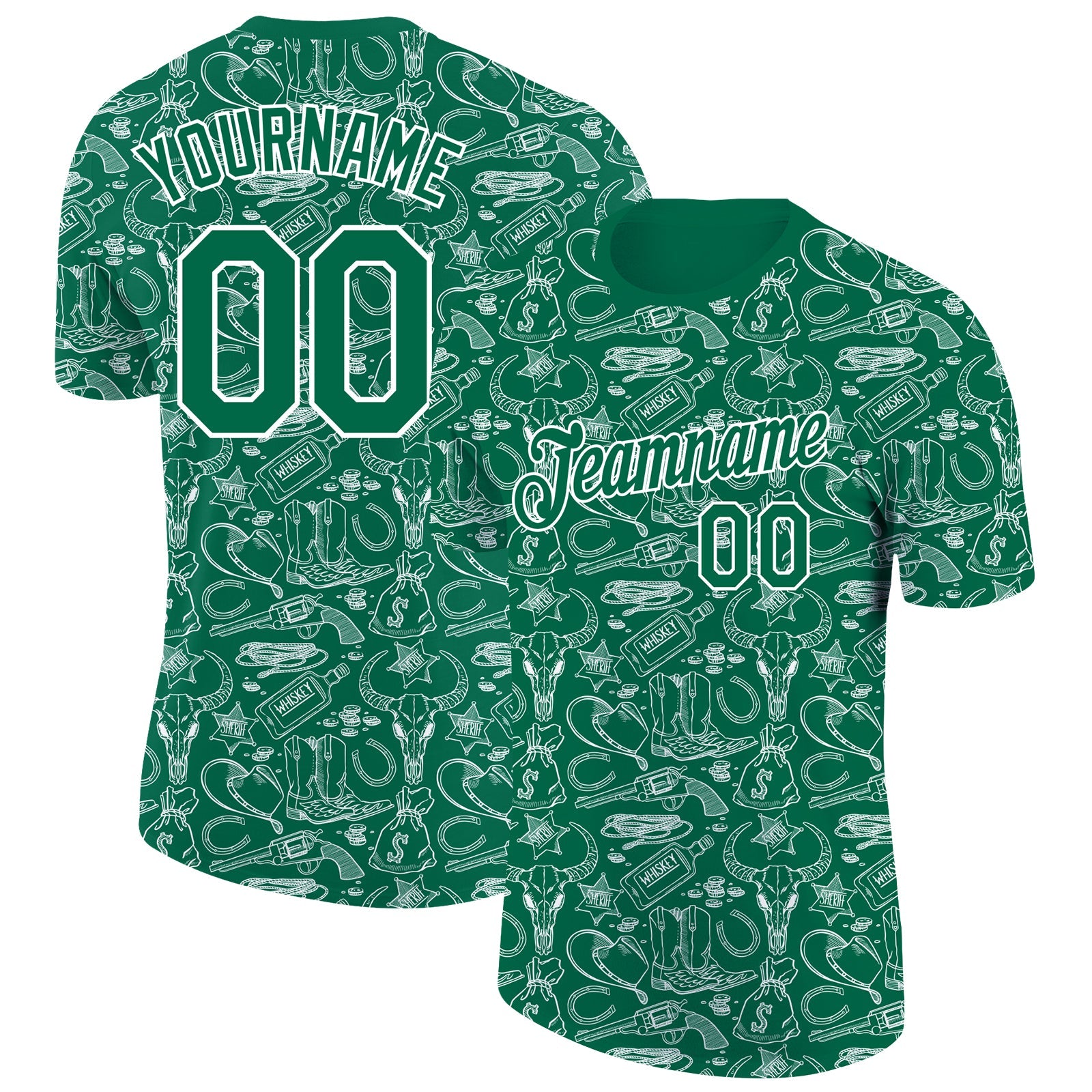 Custom Kelly Green White 3D Pattern Design Cowboy Accessory Performance T-Shirt - Main View