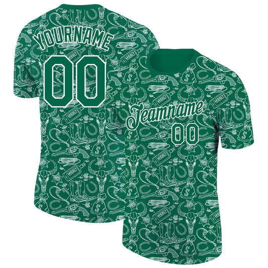 Custom Kelly Green White 3D Pattern Design Cowboy Accessory Performance T-Shirt - Main View