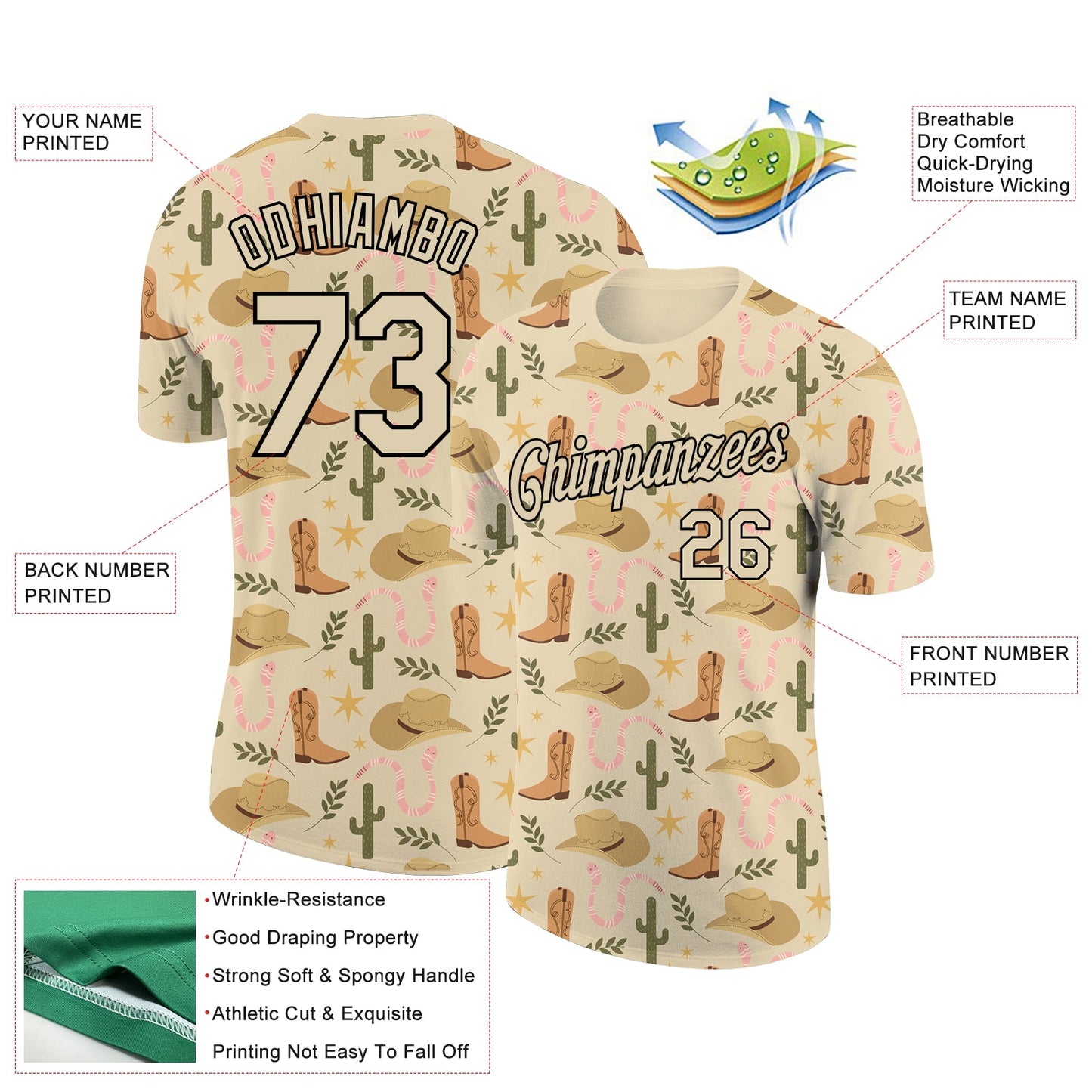 Custom City Cream Black 3D Pattern Design Cowboy Accessory Performance T-Shirt view 2