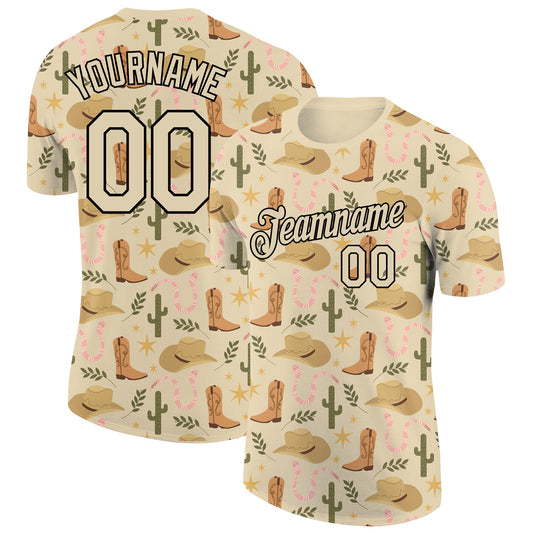 Custom City Cream Black 3D Pattern Design Cowboy Accessory Performance T-Shirt - Main View