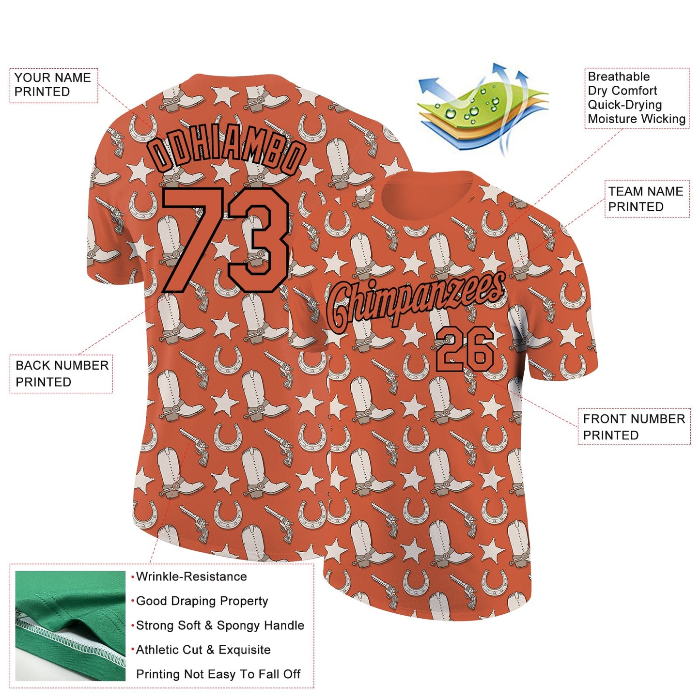 Custom Texas Orange Black 3D Pattern Design Cowboy Accessory Performance T-Shirt view 2