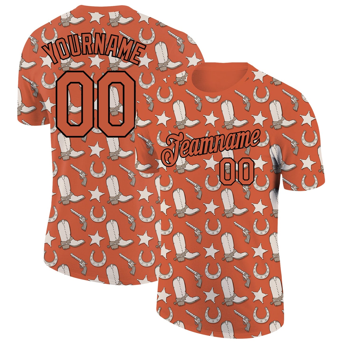 Custom Texas Orange Black 3D Pattern Design Cowboy Accessory Performance T-Shirt - Main View