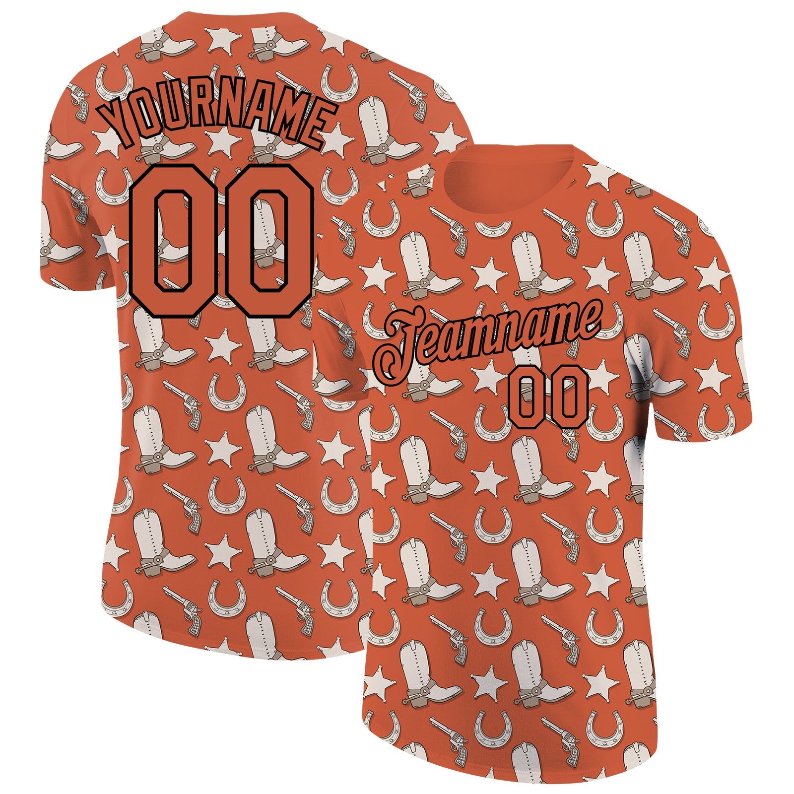 Custom Texas Orange Black 3D Pattern Design Cowboy Accessory Performance T-Shirt - Main View