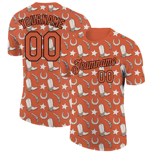 Custom Texas Orange Black 3D Pattern Design Cowboy Accessory Performance T-Shirt - Main View