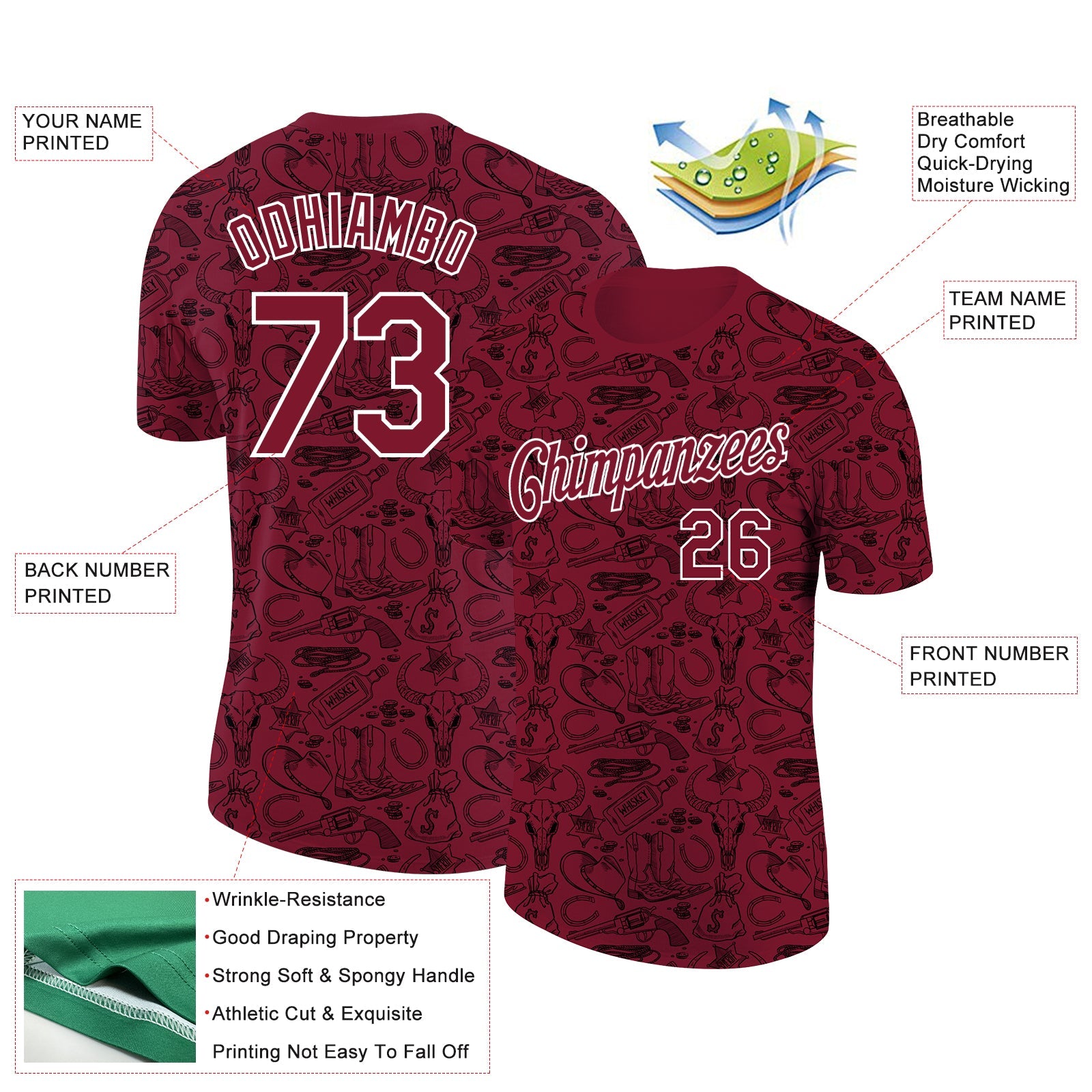 Custom Crimson White 3D Pattern Design Cowboy Accessory Performance T-Shirt view 2