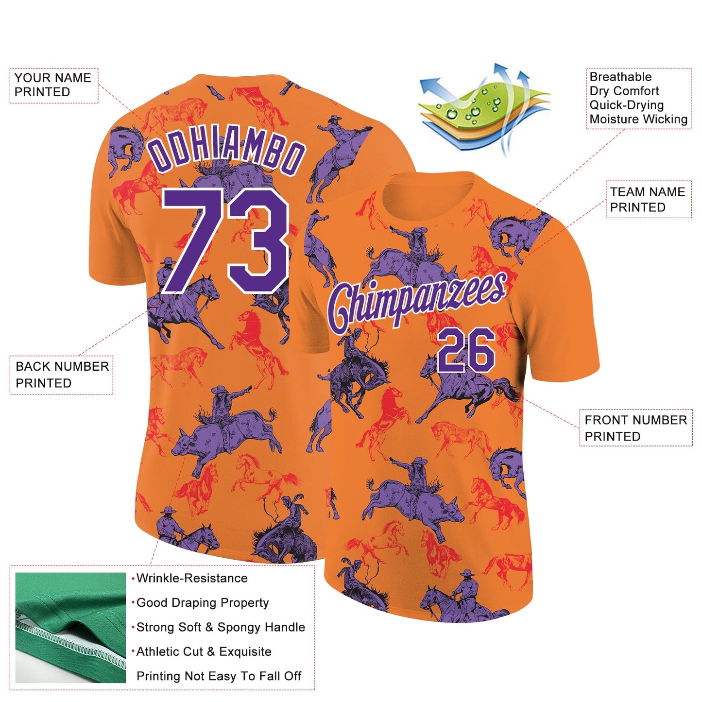 Custom Orange Purple-White 3D Pattern Design Cowboy Rodeo Performance T-Shirt view 2