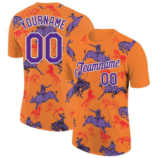 Custom Orange Purple-White 3D Pattern Design Cowboy Rodeo Performance T-Shirt - Main View