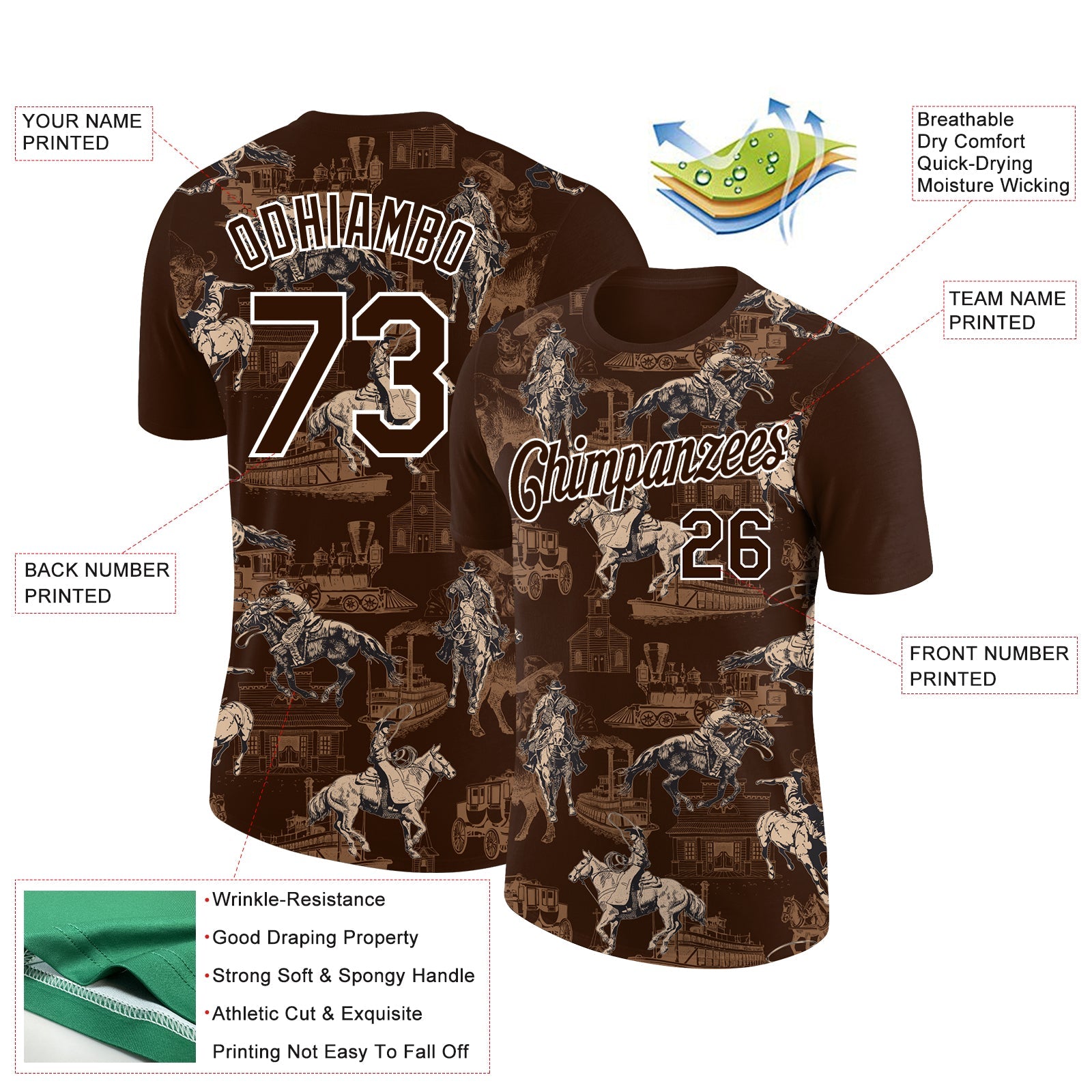Custom Brown White 3D Pattern Design Cowboy Rodeo Performance T-Shirt view 2