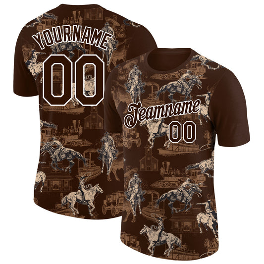 Custom Brown White 3D Pattern Design Cowboy Rodeo Performance T-Shirt - Main View