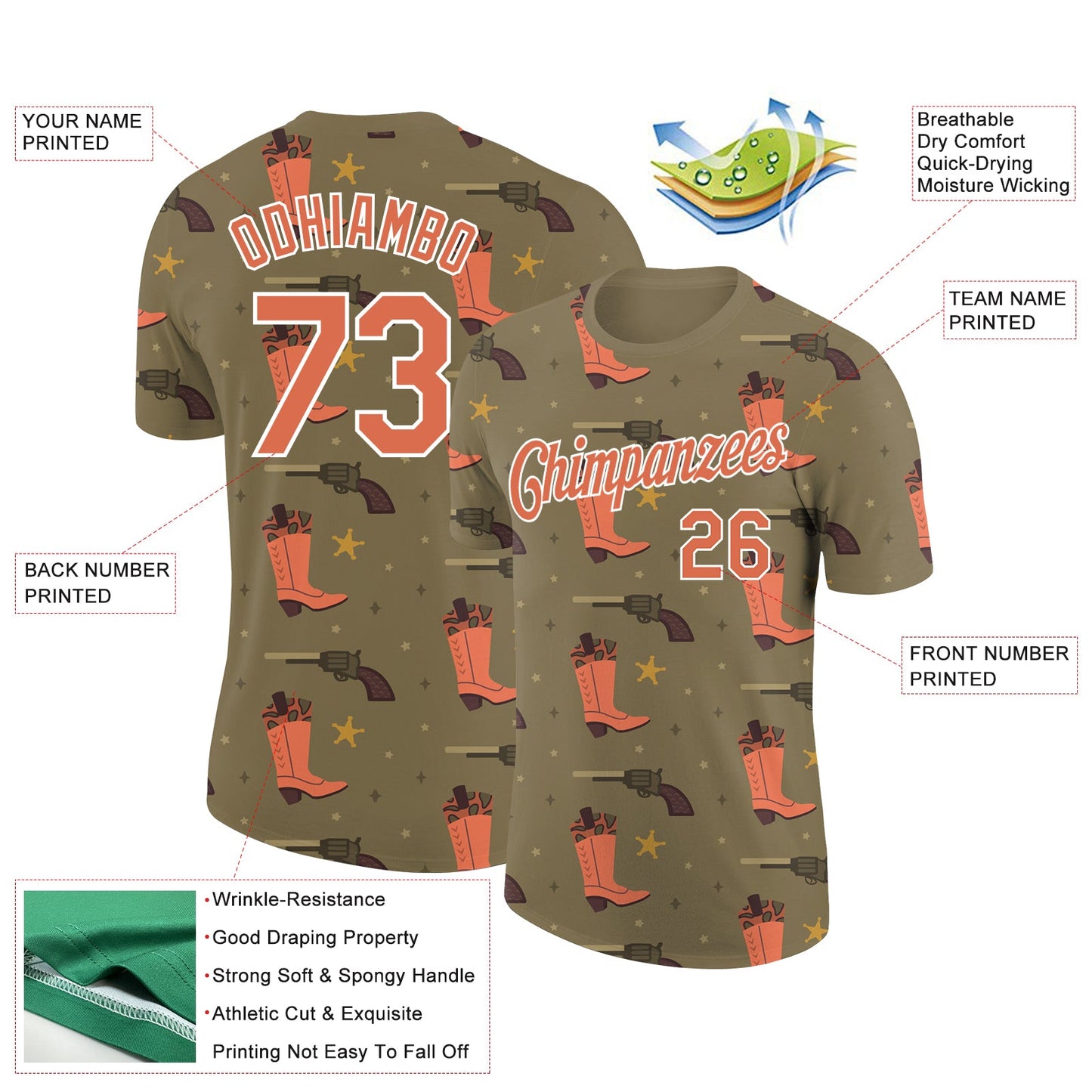 Custom Olive Bay Orange-White 3D Pattern Design Cowboy Accessory Performance Salute To Service T-Shirt view 2