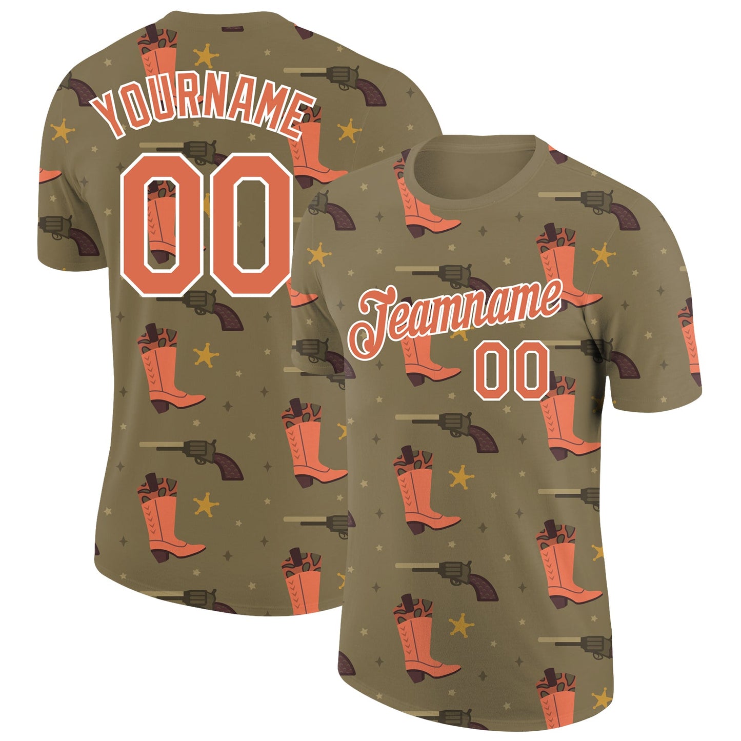 Custom Olive Bay Orange-White 3D Pattern Design Cowboy Accessory Performance Salute To Service T-Shirt - Main View