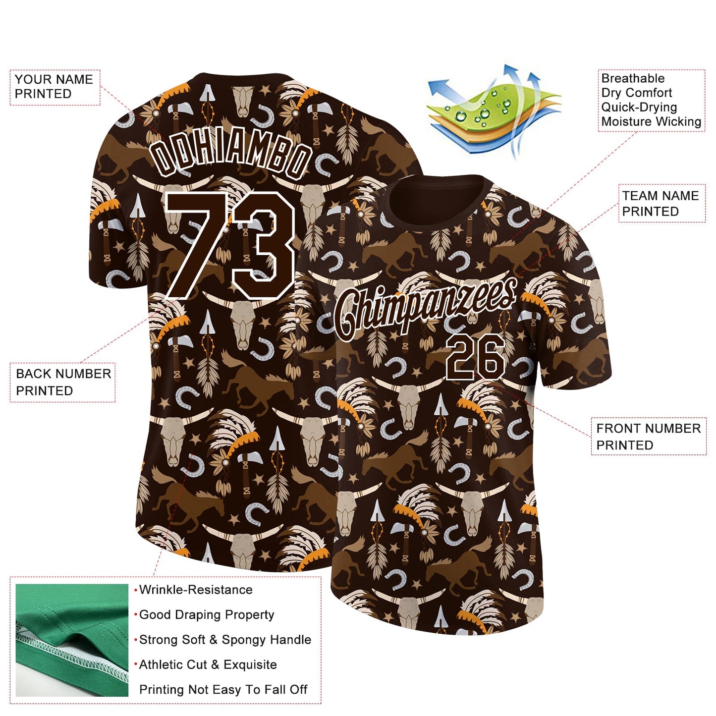 Custom Brown White 3D Pattern Design Cowboy Accessory Performance T-Shirt view 2