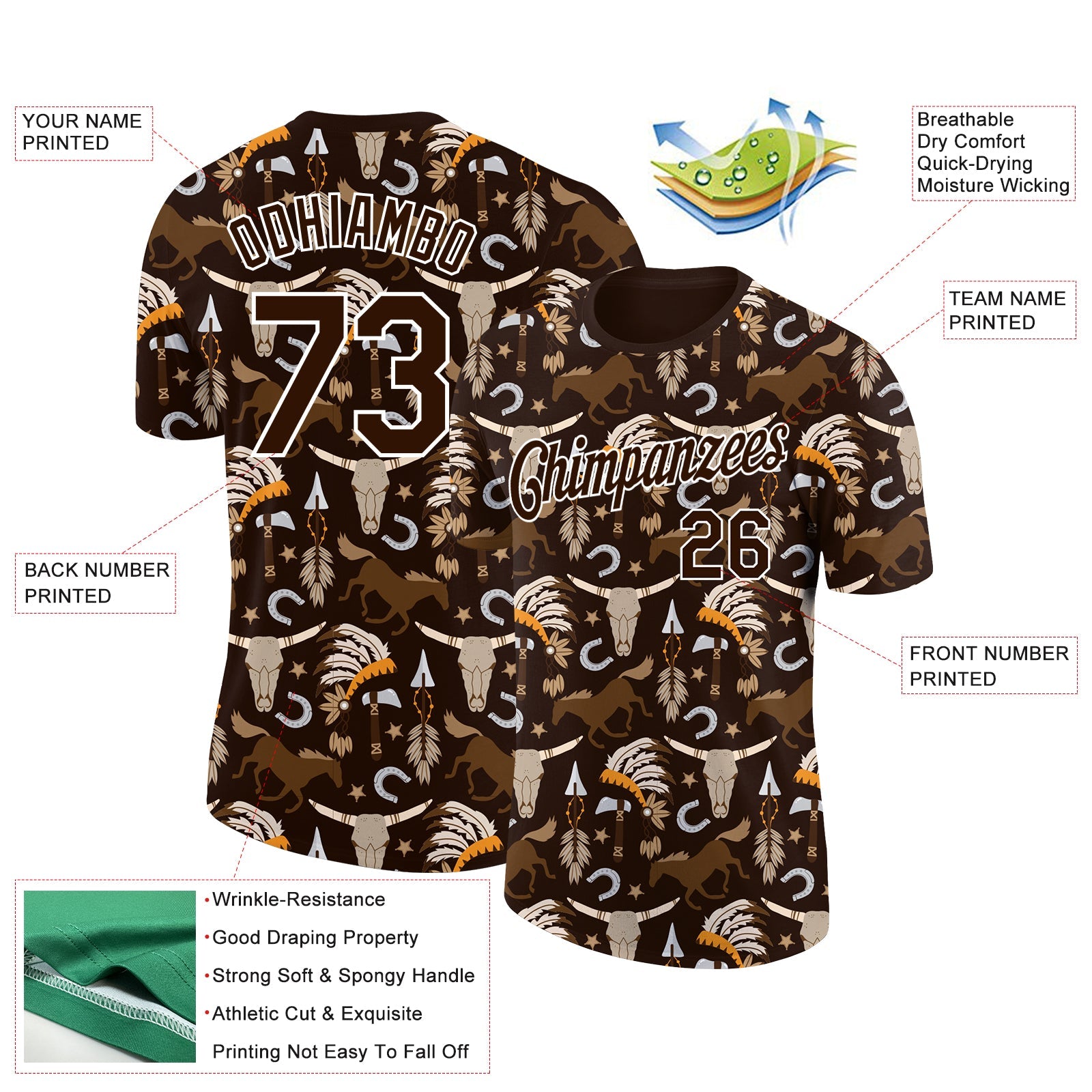 Custom Brown White 3D Pattern Design Cowboy Accessory Performance T-Shirt view 2