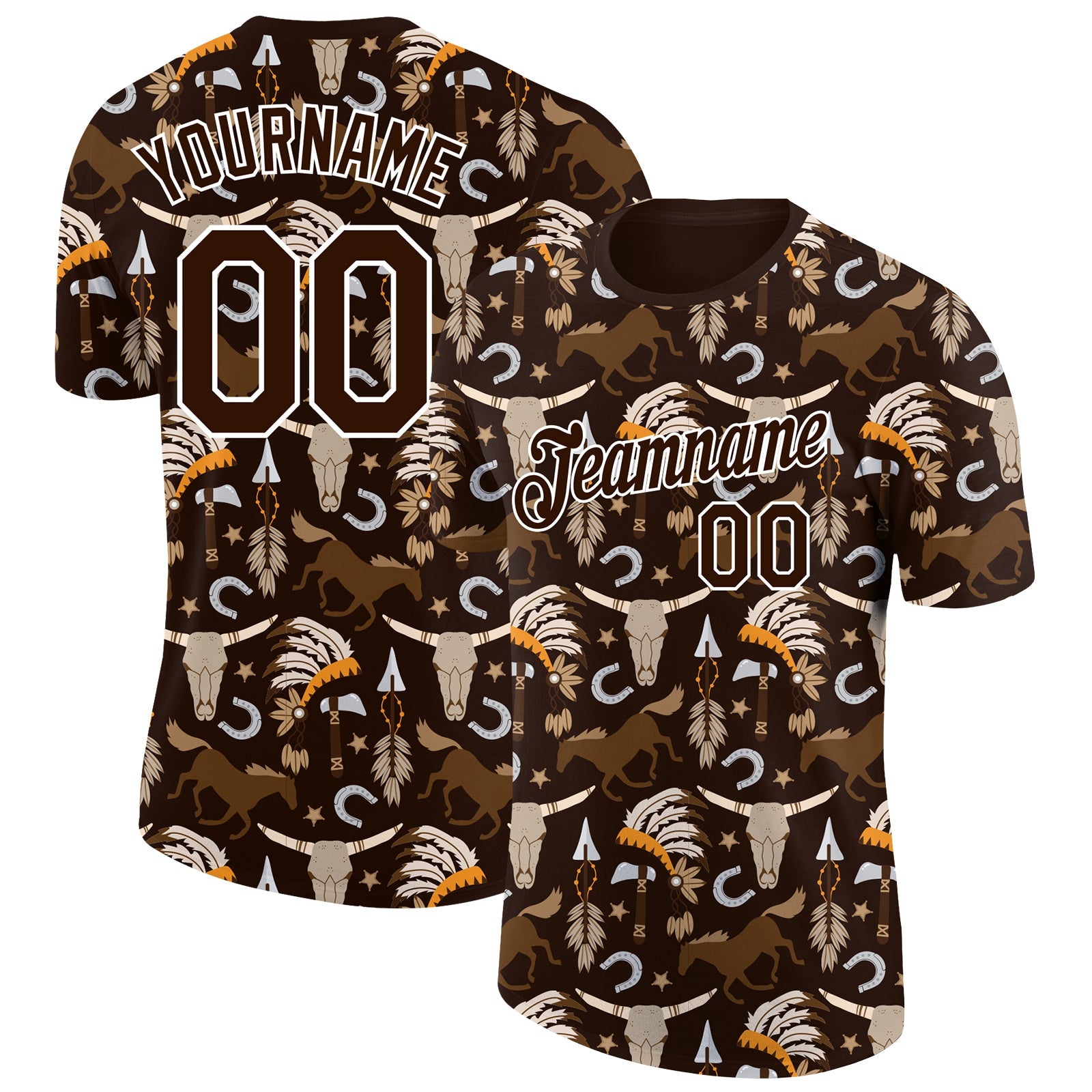 Custom Brown White 3D Pattern Design Cowboy Accessory Performance T-Shirt - Main View