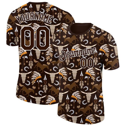 Custom Brown White 3D Pattern Design Cowboy Accessory Performance T-Shirt - Main View