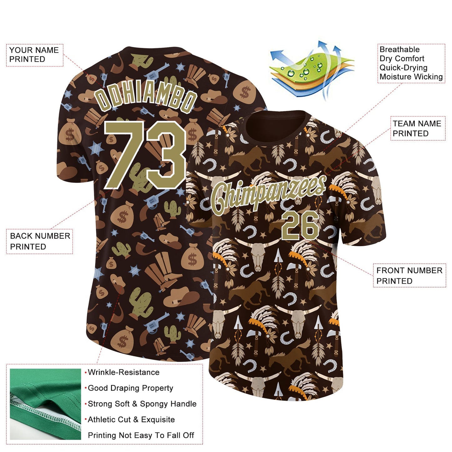 Custom Brown Vegas Gold-White 3D Pattern Design Cowboy Accessory Performance T-Shirt view 2