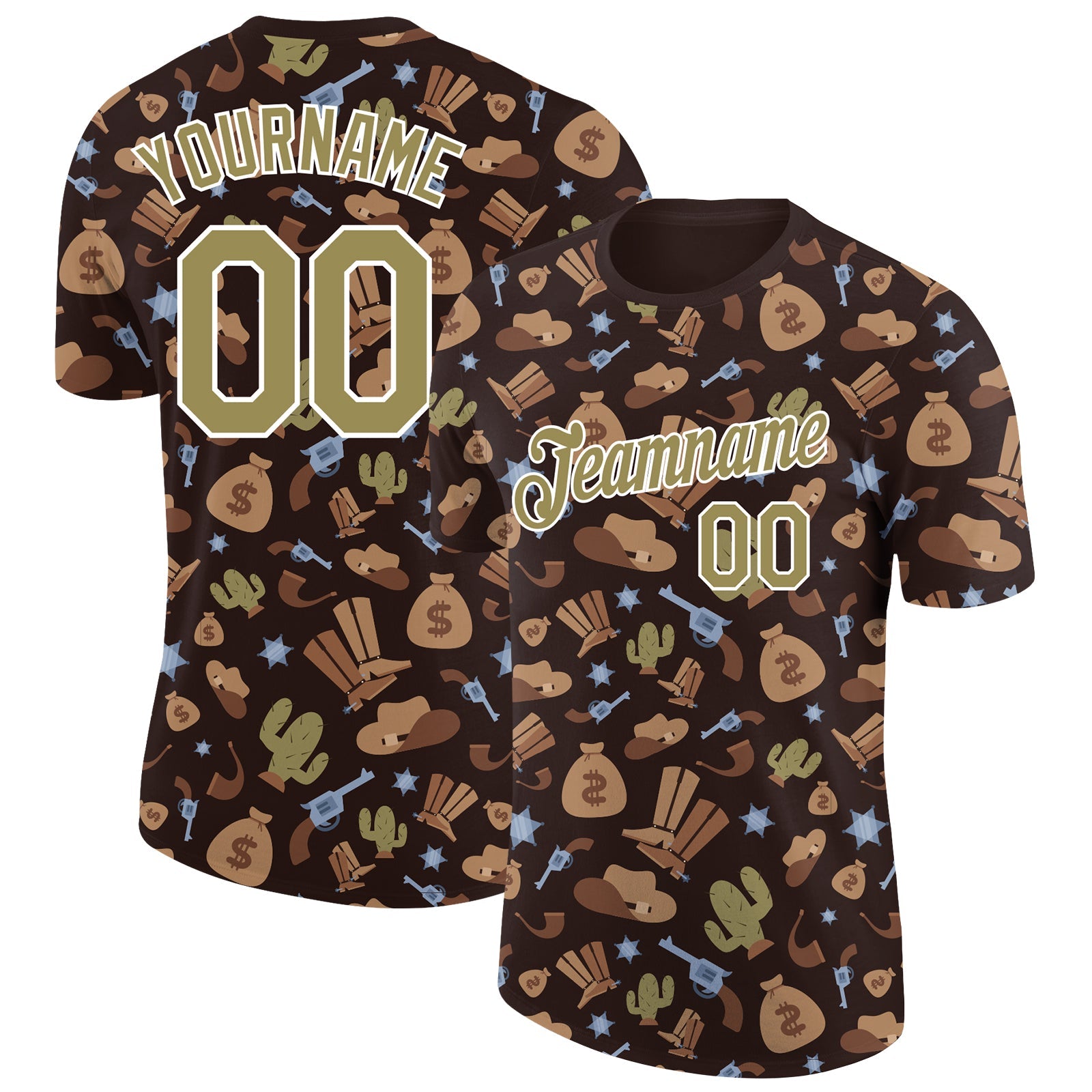 Custom Brown Vegas Gold-White 3D Pattern Design Cowboy Accessory Performance T-Shirt - Main View