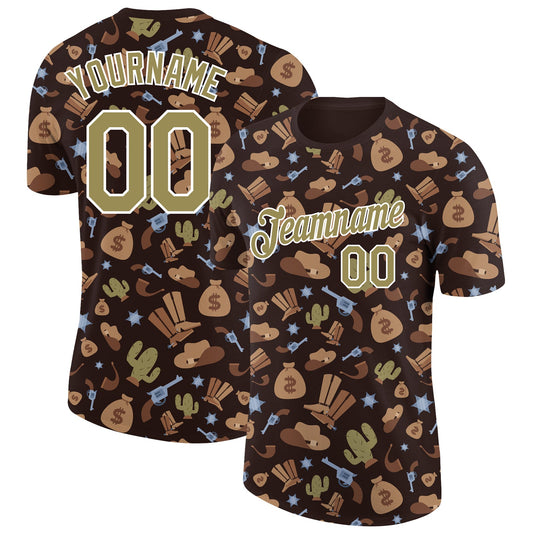 Custom Brown Vegas Gold-White 3D Pattern Design Cowboy Accessory Performance T-Shirt - Main View
