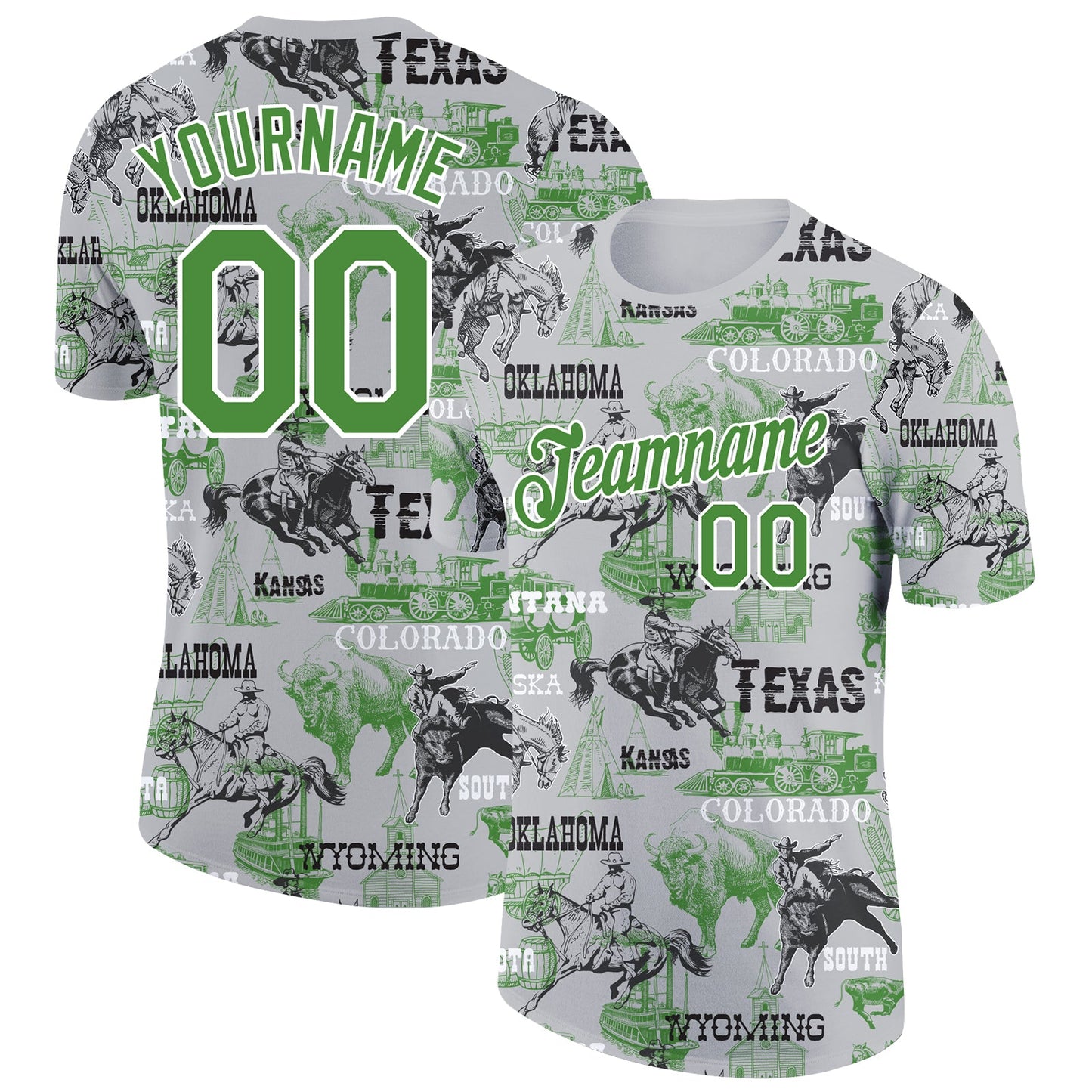 Custom White Aurora Green 3D Pattern Design Cowboy Rodeo Performance T-Shirt - Main View
