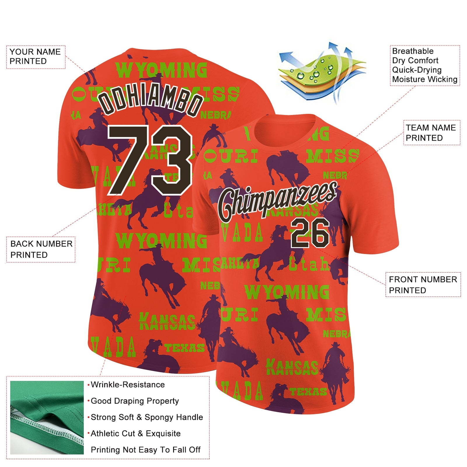 Custom Red Neon Green-White 3D Pattern Design Cowboy Rodeo Performance T-Shirt view 2