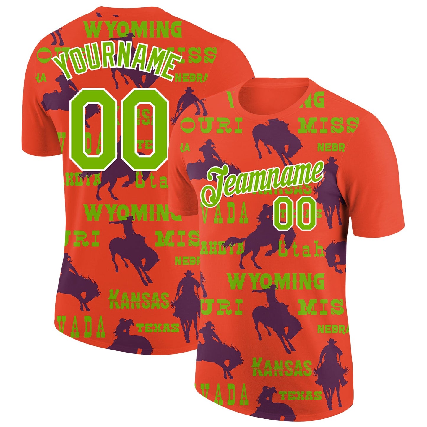 Custom Red Neon Green-White 3D Pattern Design Cowboy Rodeo Performance T-Shirt - Main View