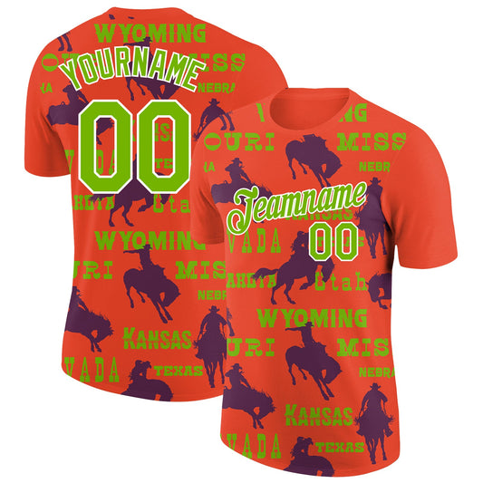 Custom Red Neon Green-White 3D Pattern Design Cowboy Rodeo Performance T-Shirt - Main View