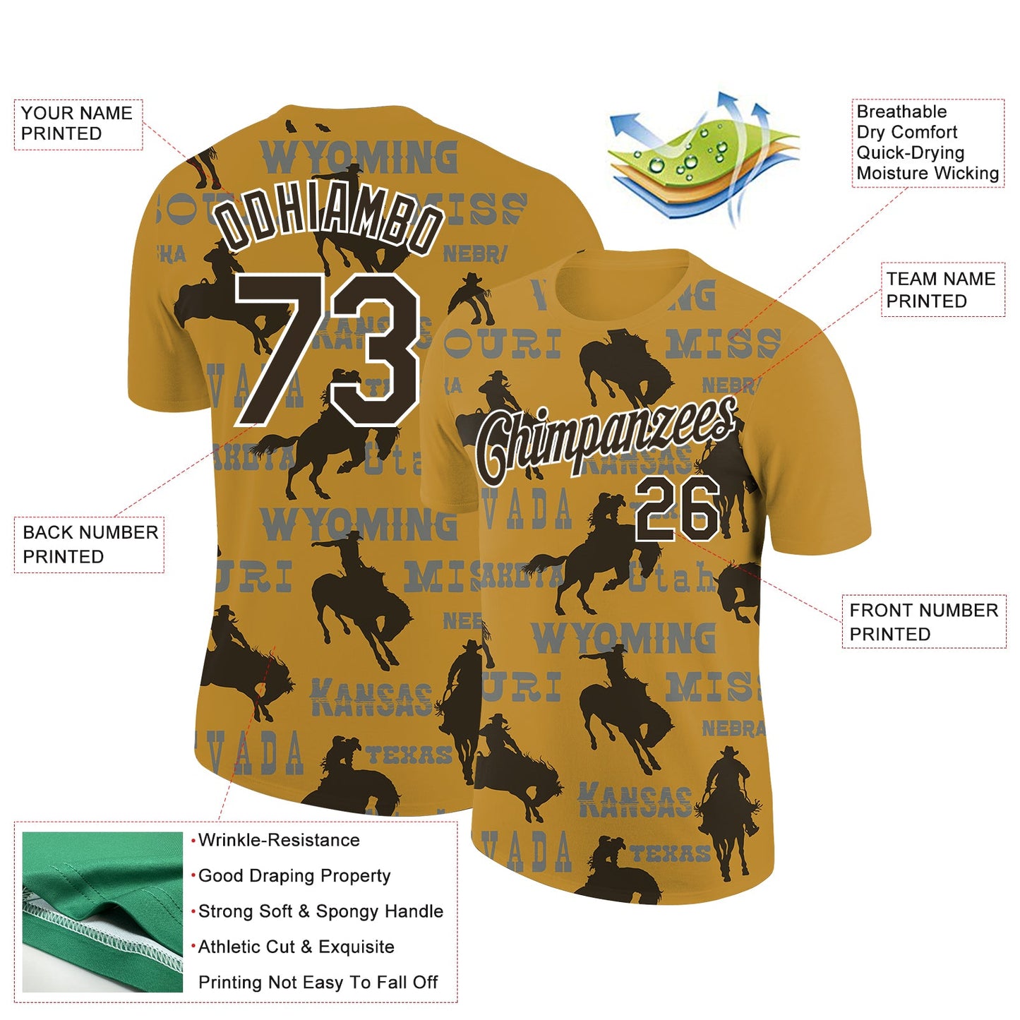 Custom Old Gold Black-White 3D Pattern Design Cowboy Rodeo Performance T-Shirt view 2