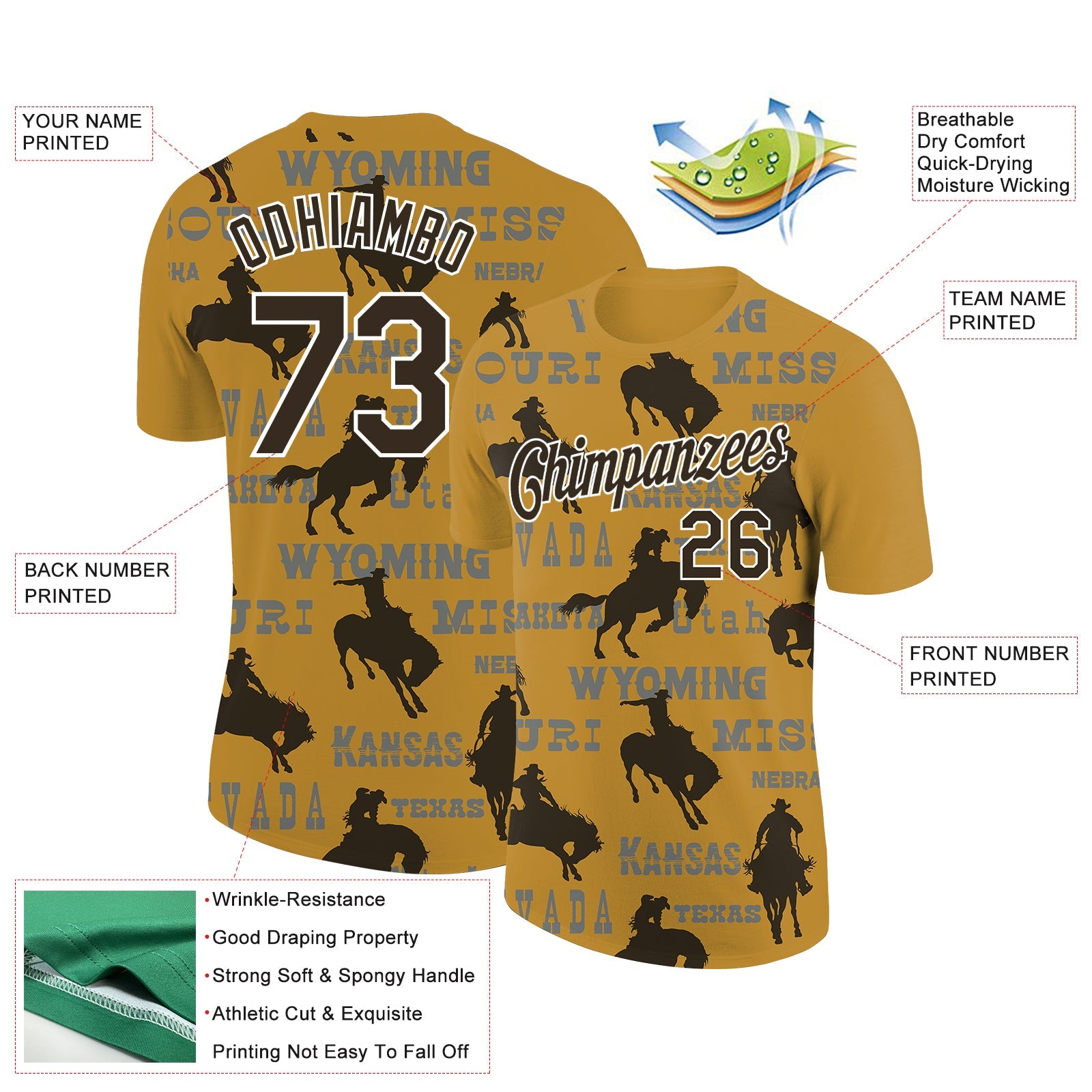 Custom Old Gold Black-White 3D Pattern Design Cowboy Rodeo Performance T-Shirt view 2