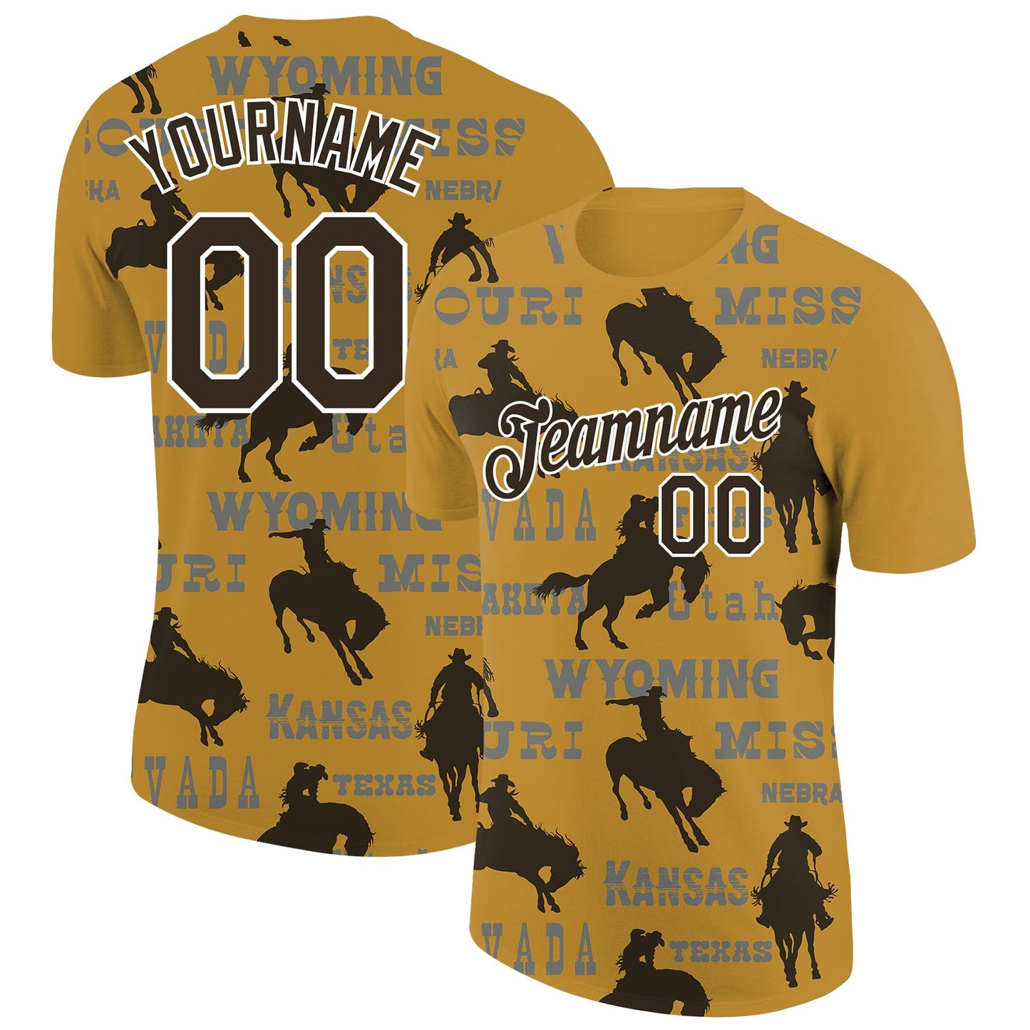 Custom Old Gold Black-White 3D Pattern Design Cowboy Rodeo Performance T-Shirt - Main View