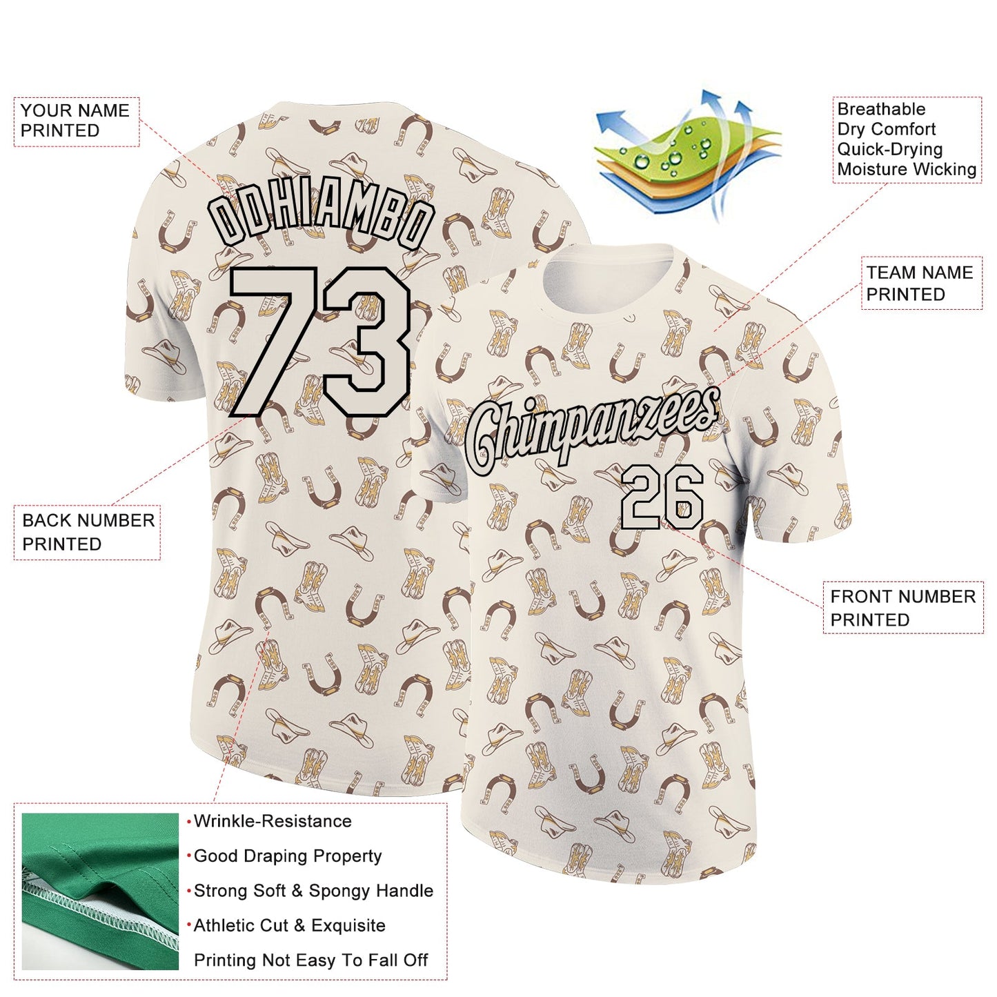 Custom Cream Black 3D Pattern Design Cowboy Accessory Performance T-Shirt view 2