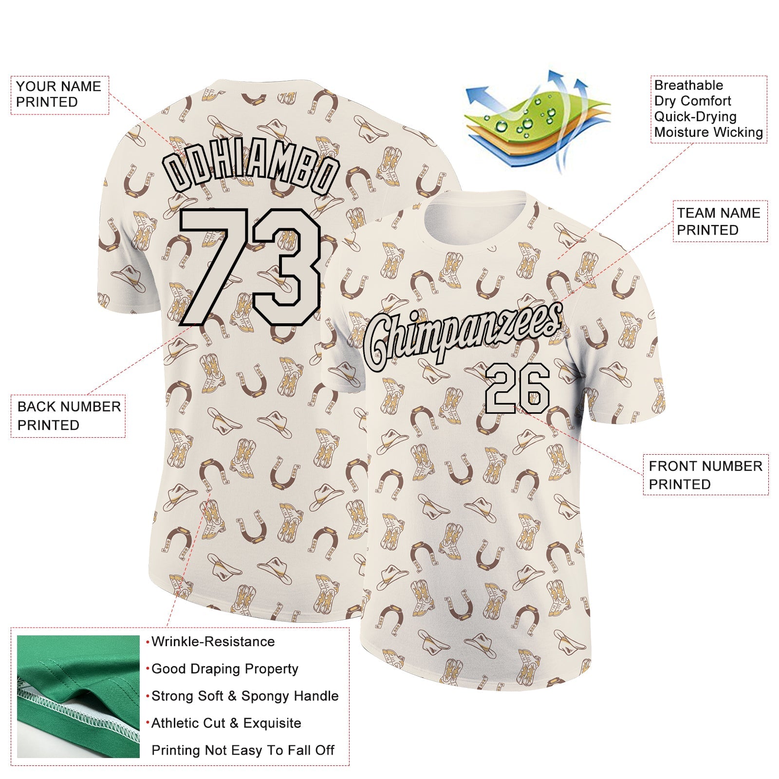 Custom Cream Black 3D Pattern Design Cowboy Accessory Performance T-Shirt view 2