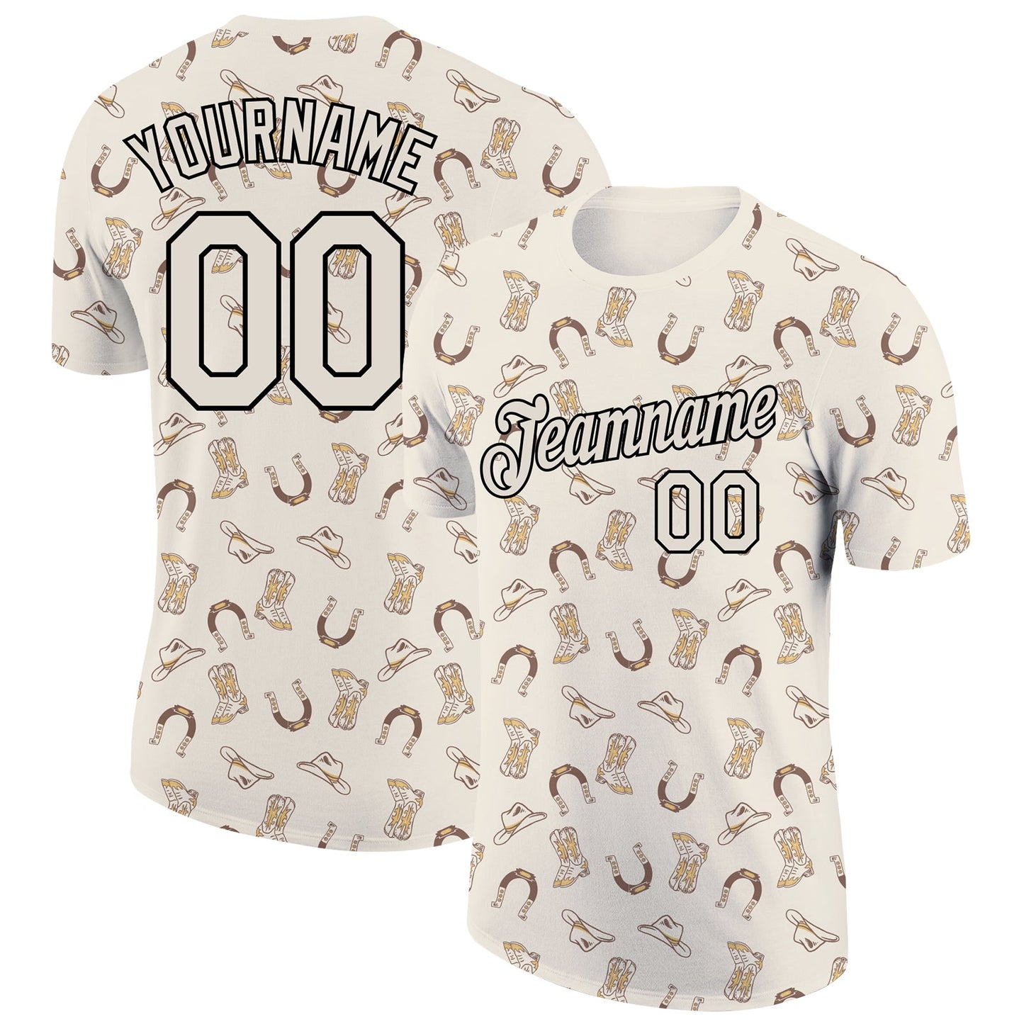 Custom Cream Black 3D Pattern Design Cowboy Accessory Performance T-Shirt - Main View