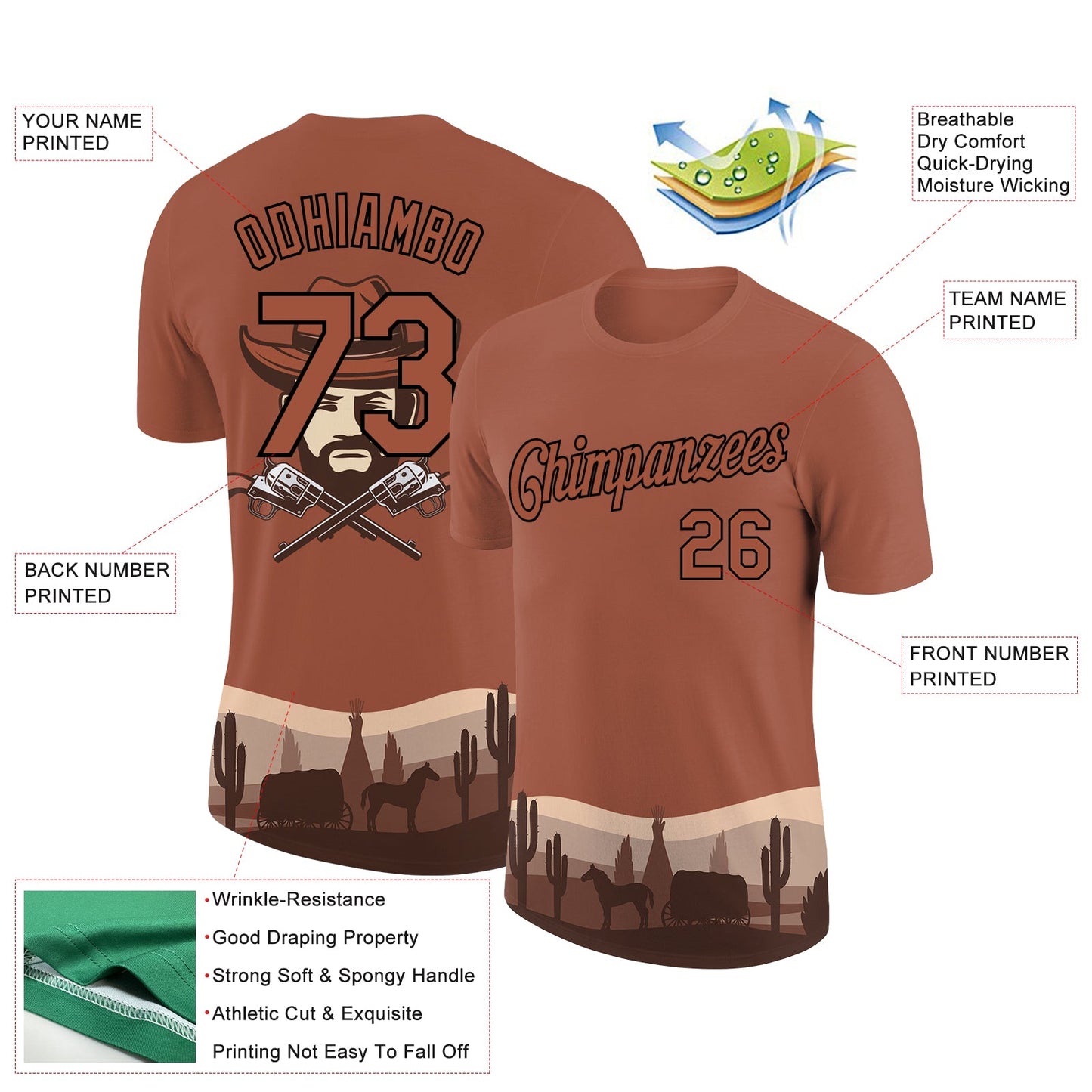 Custom Brown Black 3D Pattern Design Cowboy Rodeo Performance T-Shirt view 2